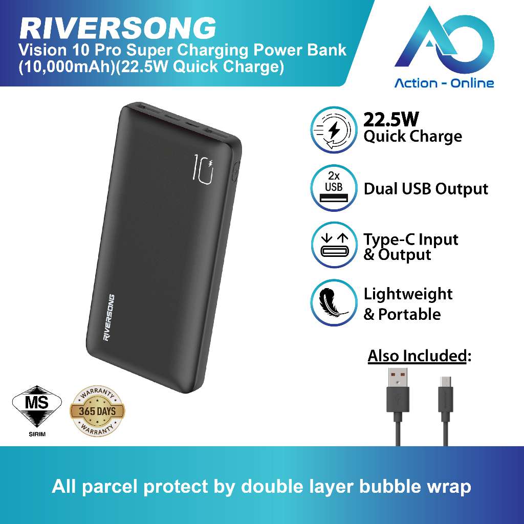 Riversong Horizon 10E Power Bank 10000mAH 2 USB-A output ports USB to Type-C cable