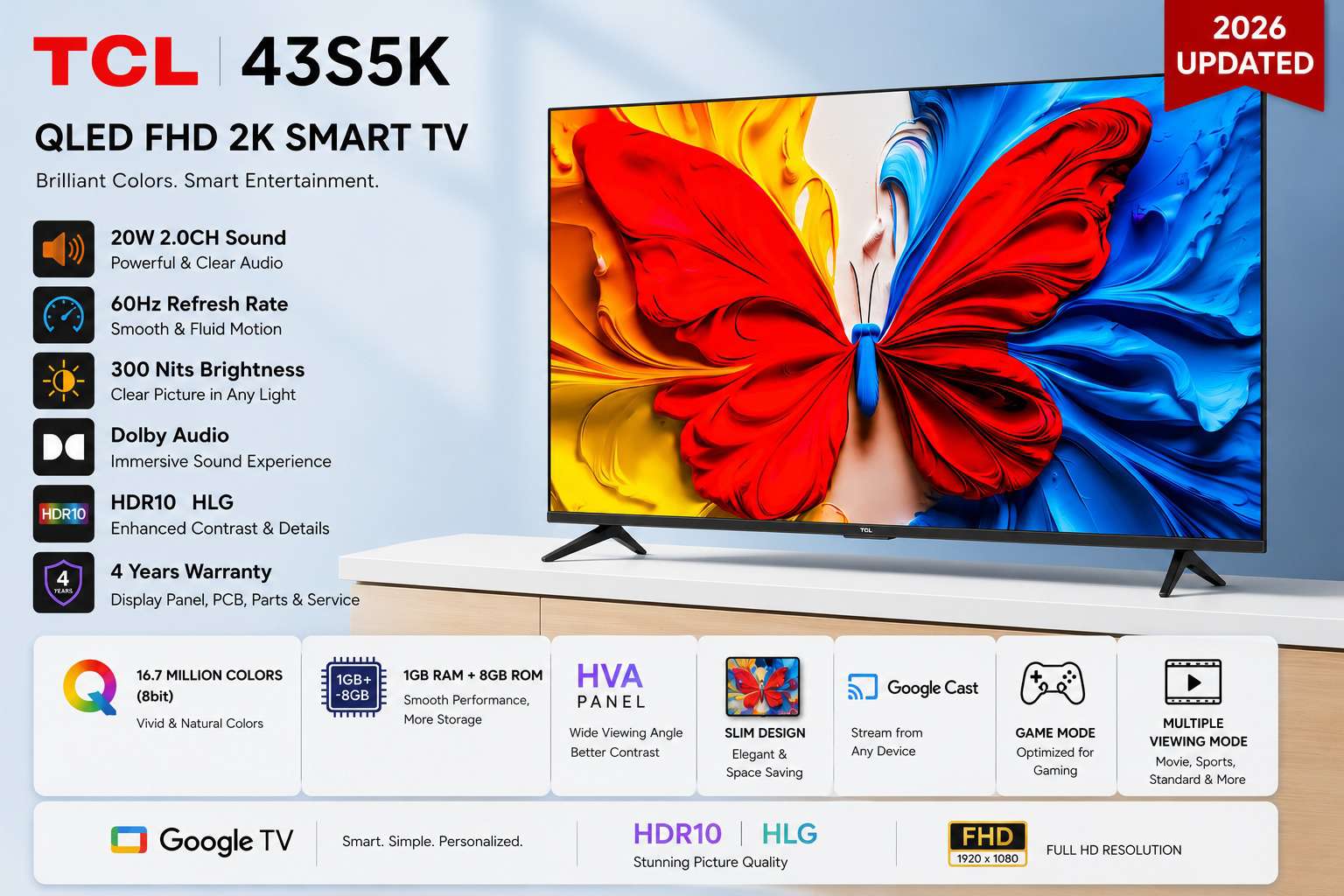 TCL 43S5K 43" FHD QLED Smart Google TV