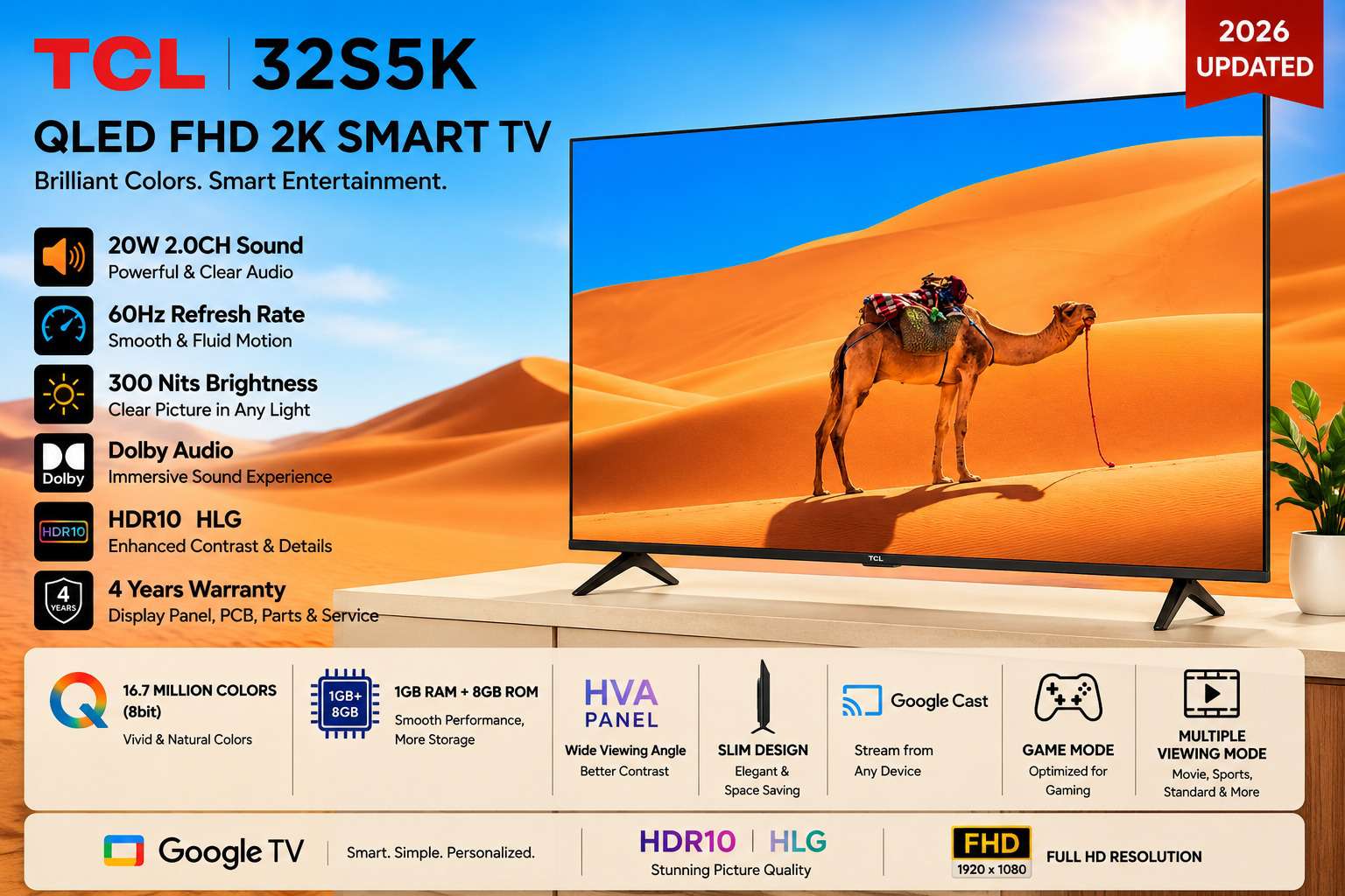 QLED FHD SMART -TCL Bezel less Dolby WIFI Google TV 43S5K